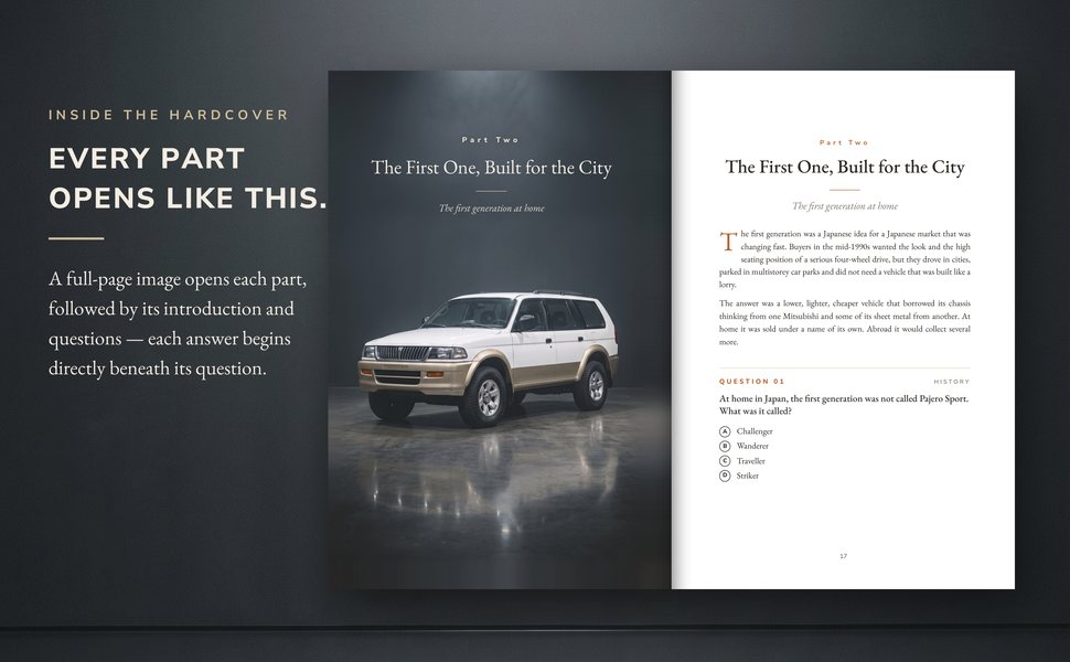 Pajero Sport Trivia & Fun Facts hardcover — a full-page image opens each part